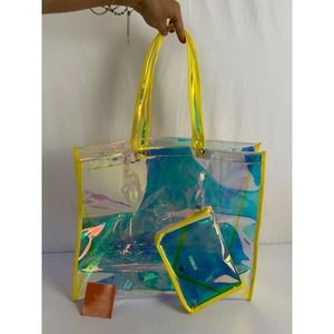 Funboy Womens Clear PVC Double Handle Strap Iridescent Beach Tote Bag with Pouch